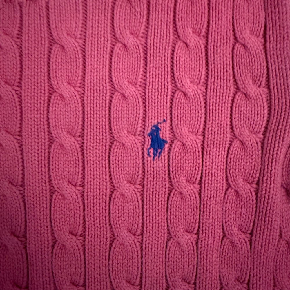 Ralph Lauren Sport Pink Cable Knit Sweater Womens Large Blue Pony Crewneck - Picture 3 of 8